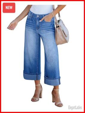 Wide Leg Jeans High Waisted Stretchy Denim Crop Pants Fold Hem Baggy Jeans with